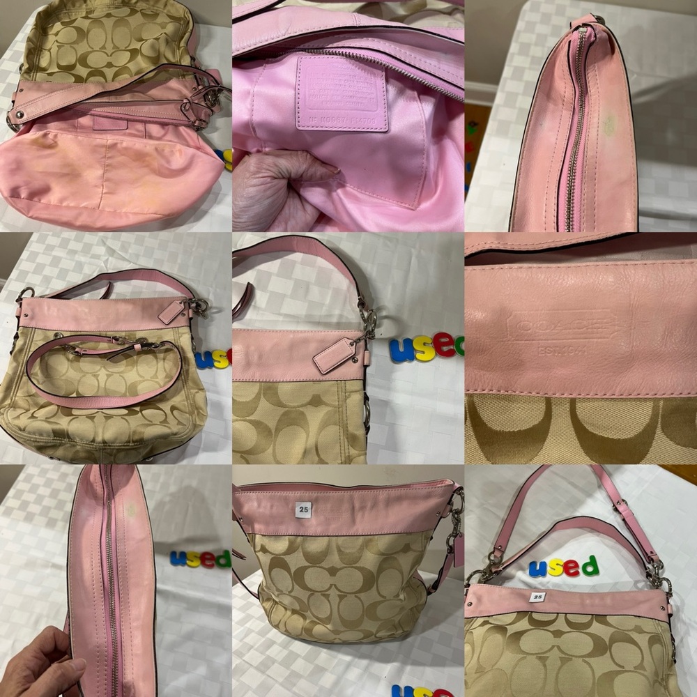 Coach Pink and Tan Monogram Shoulder Bag with Gold Hardware